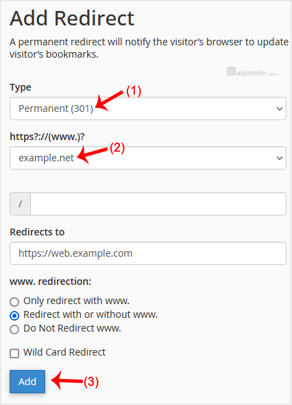 Redirect toevoegen voor een subdomein
